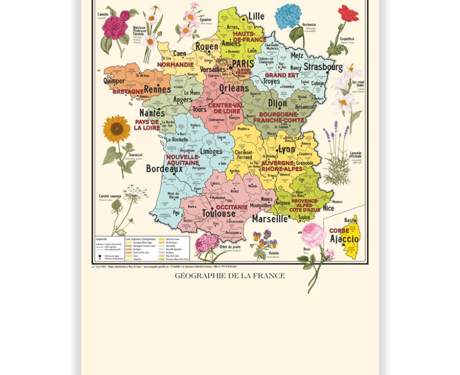 Affiche carte de France Vintage, fleurs et régions de France