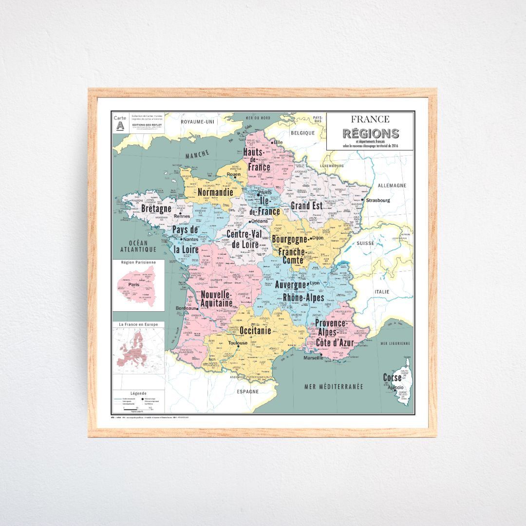 Carte de France administrative Régions 100x100cm