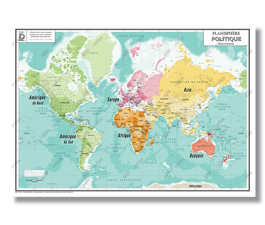 Poster plastifié grand format de la carte des pays du monde et leurs  drapeaux à afficher dans les salles de classe.