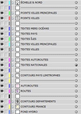 Carte de France routière vecteur, liste des calques