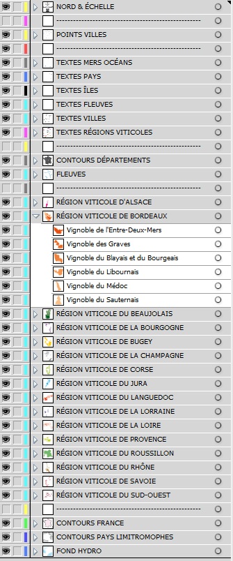 Liste des calques de la Carte vectorielle des Vignobles de France