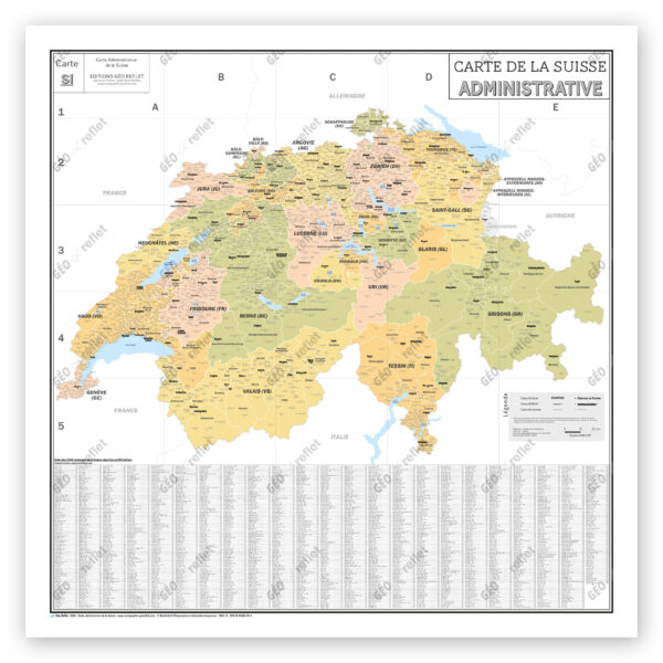 Carte Administrative de la Suisse - Plan mural format 120x120cm : modèle vintage