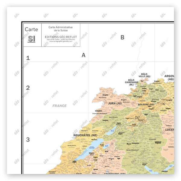 Extrait cartographique de la carte administrative de la Suisse 120x120cm, extrait centré sur le Nord-Ouest de la Suisse