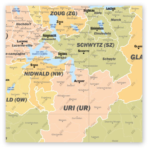 Extrait cartographique de la carte administrative de la Suisse 120x120cm, extrait centré sur le centre de la Suisse