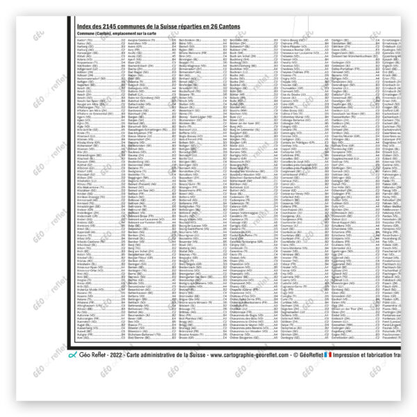 Extrait cartographique de la carte administrative de la Suisse 120x120cm, extrait centré sur l'index des communes
