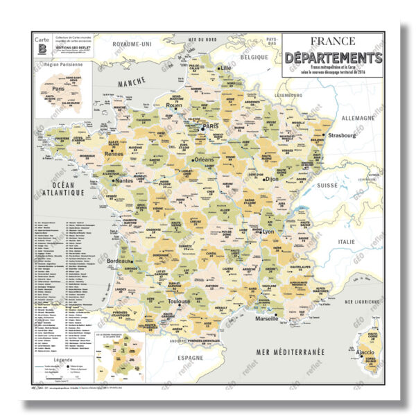 Carte de France administrative des départements - modèle vintage - 100x100cm - Poster plastifié Velleda + 2 œillets