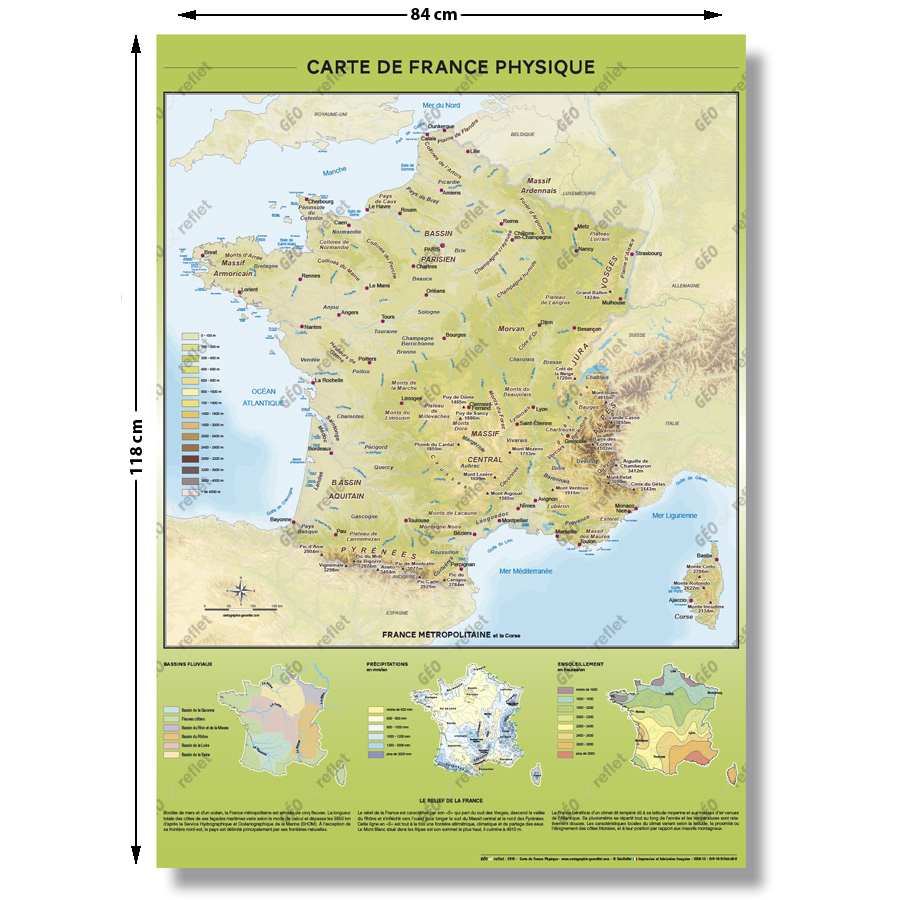 Carte de France Relief et hydrographie - Poster plastifié Grand format A0 -  Boutique