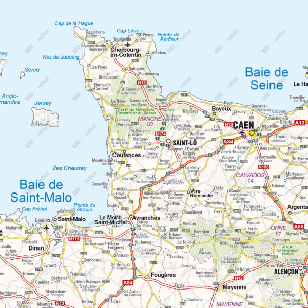 Extrait cartographique de la carte routière de France, extrait centré sur le Cotentin