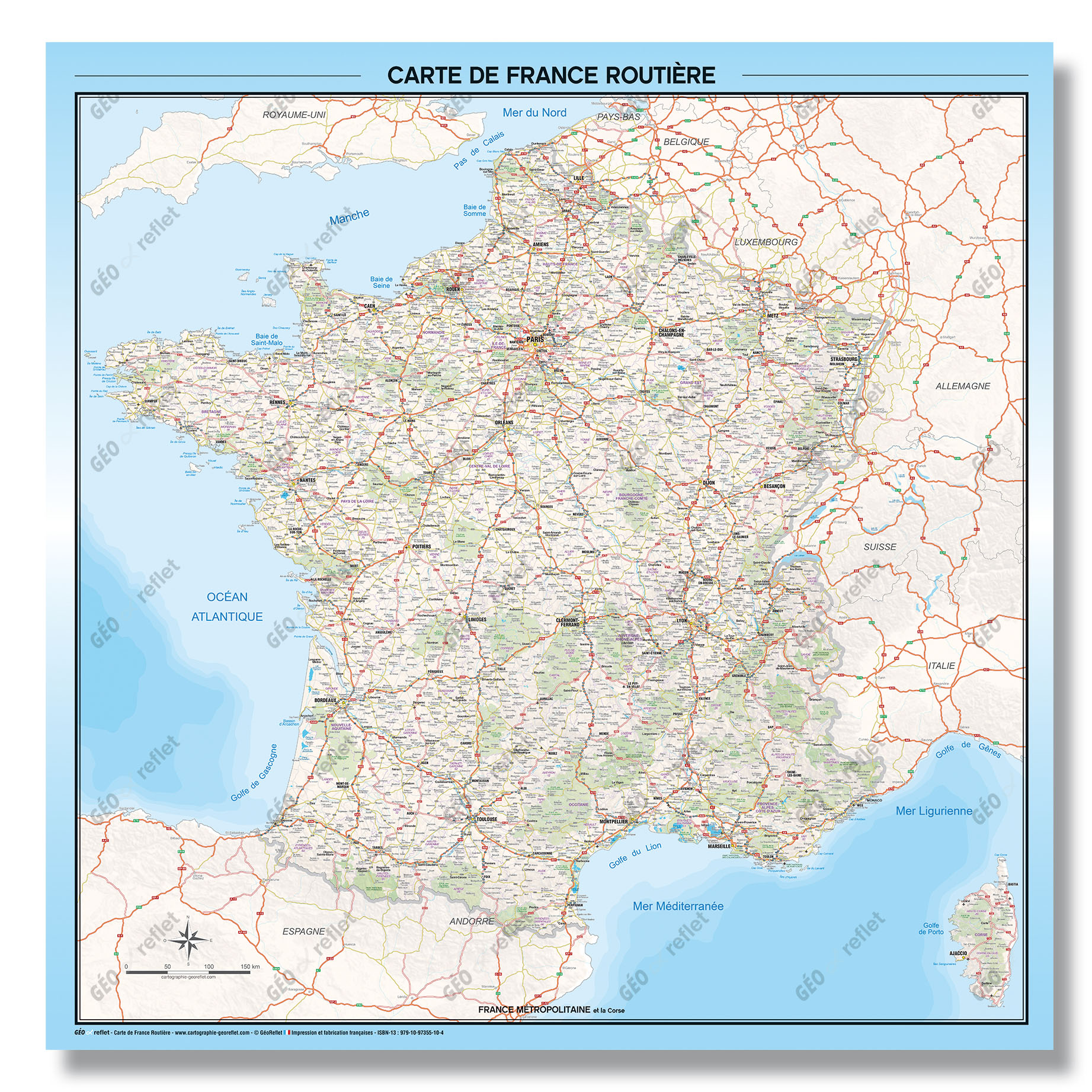 Carte de France routière - Magnétique et plastifiée 100x100cm