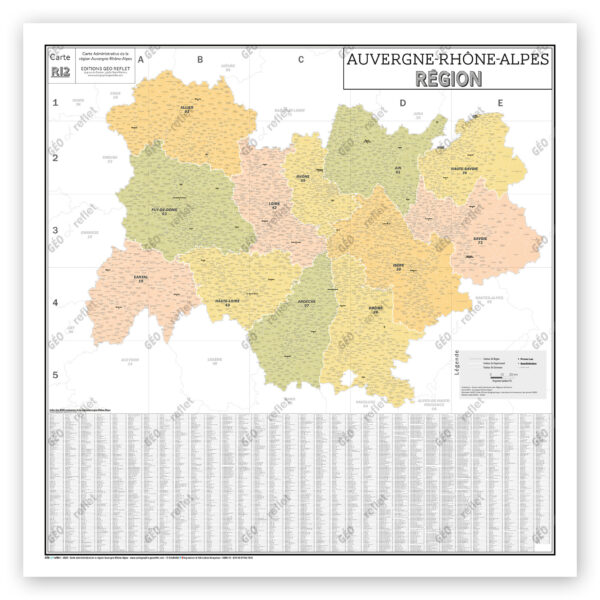 Région Auvergne-Rhône-Alpes - Carte administrative vintage - Poster plastifié Grand Format 120x120cm