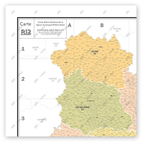 Extrait cartographique de la carte administrative de la Région Auvergne-Rhône-Alpes 120x120cm, extrait centré sur les départements de l’Allier et du Puy-de-Dôme