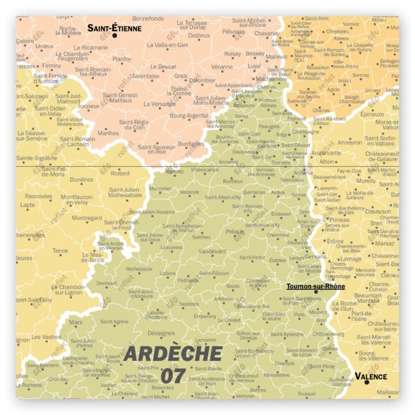 Extrait cartographique de la carte administrative de la Région Auvergne-Rhône-Alpes 120x120cm, extrait centré sur le département de l’Ardèche