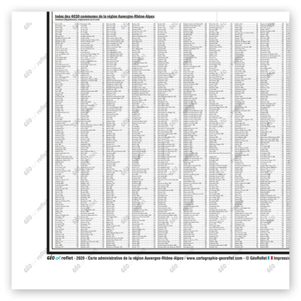 Extrait cartographique de la carte administrative de la Région Auvergne-Rhône-Alpes 120x120cm, extrait centré sur l'index des communes