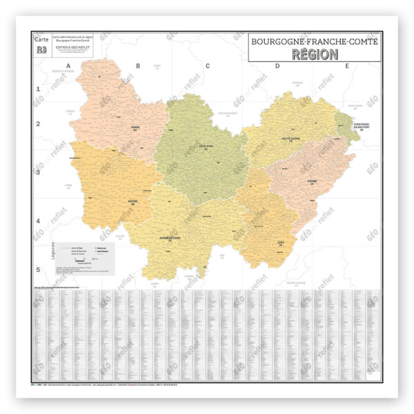 Région Bourgogne-Franche-Comté - Carte administrative vintage - Poster plastifié Grand Format 120x120cm