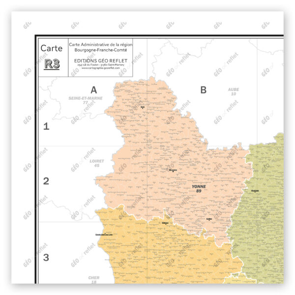 Extrait cartographique de la carte administrative de la Région Bourgogne-Franche-Comté 120x120cm, extrait centré sur le département de l’Yonne