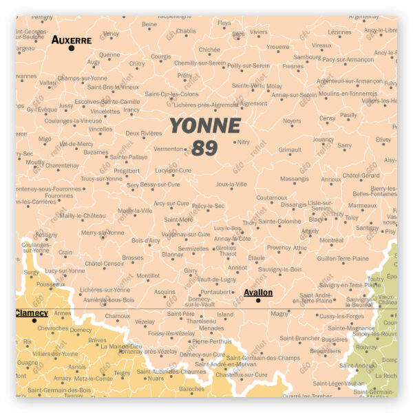 Extrait cartographique de la carte administrative de la Région Bourgogne-Franche-Comté 120x120cm, extrait centré sur le département de l’Yonne