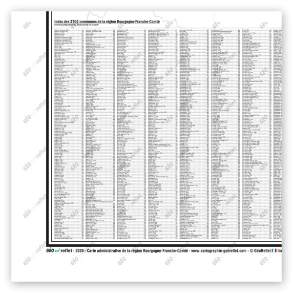 Extrait cartographique de la carte administrative de la Région Bourgogne-Franche-Comté 120x120cm, extrait centré sur l'index des communes