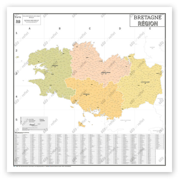 Région Bretagne - Carte administrative vintage - Poster plastifié Grand Format 120x120cm