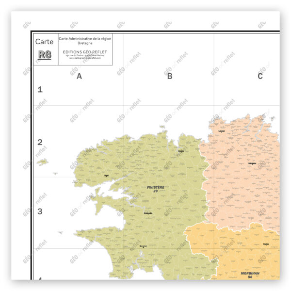 Extrait cartographique de la carte administrative de la Région Bretagne 120x120cm, extrait centré sur le département du Finistère