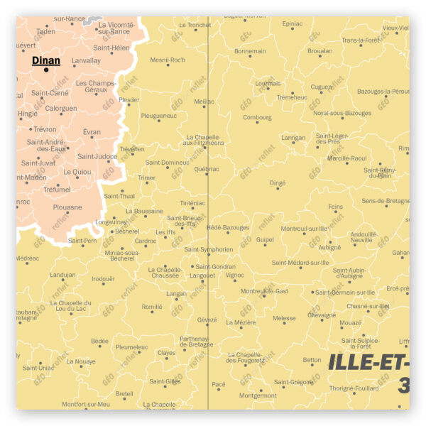 Extrait cartographique de la carte administrative de la Région Bretagne 120x120cm, extrait centré sur le département de l’Ille-et-Vilaine