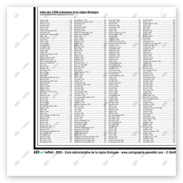 Extrait cartographique de la carte administrative de la Région Bretagne 120x120cm, extrait centré sur l'index des communes