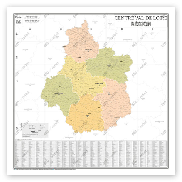 Région Centre-Val de Loire - Carte administrative vintage - Poster plastifié Grand Format 120x120cm