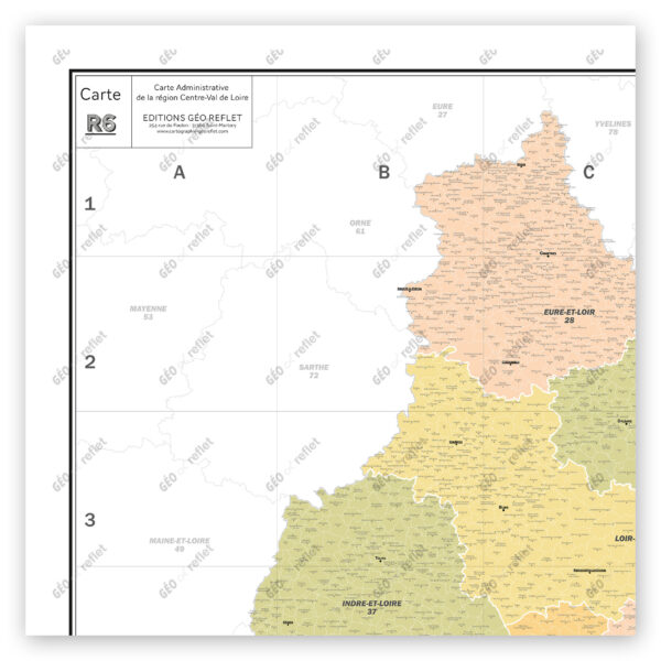 Extrait cartographique de la carte administrative de la Région Centre-Val de Loire 120x120cm, extrait centré sur le département de l’Eure-et-Loir