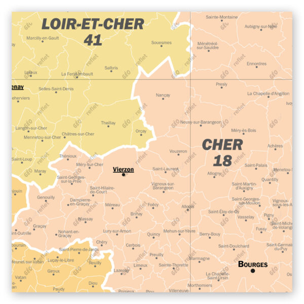 Extrait cartographique de la carte administrative de la Région Centre-Val de Loire 120x120cm, extrait centré sur le département du Cher