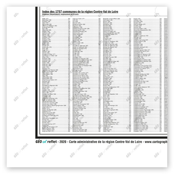 Extrait cartographique de la carte administrative de la Région Centre-Val de Loire 120x120cm, extrait centré sur l'index des communes