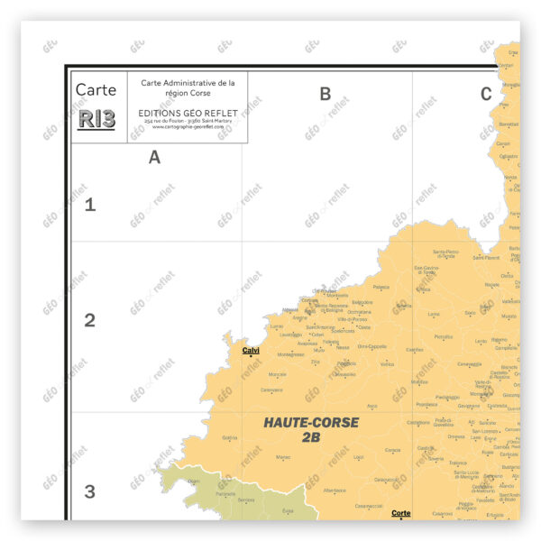 Extrait cartographique de la carte administrative de la Région Corse 120x120cm, extrait centré sur le département de la Haute-Corse