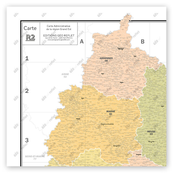Extrait cartographique de la carte administrative de la Région Grand Est 120x120cm, extrait centré sur le département de la Marne