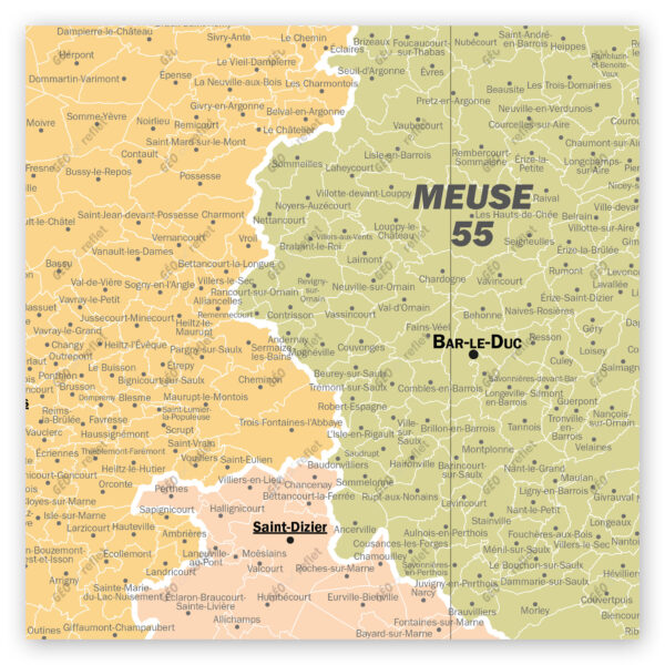 Extrait cartographique de la carte administrative de la Région Grand Est 120x120cm, extrait centré sur le département de la Meuse