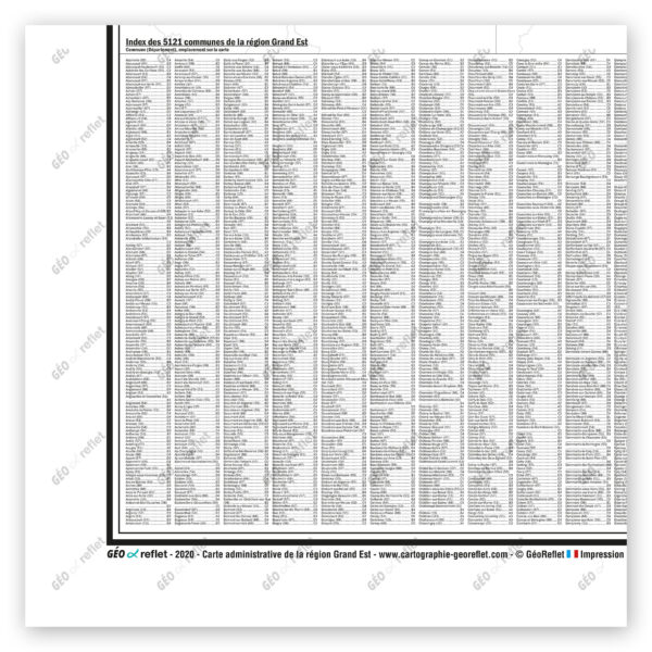 Extrait cartographique de la carte administrative de la Région Grand Est 120x120cm, extrait centré sur l'index des communes