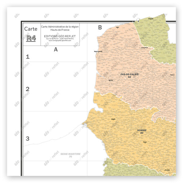 Extrait cartographique de la carte administrative de la Région Hauts-de-France 120x120cm, extrait centré sur les départements du Pas-de-Calais et de la Somme