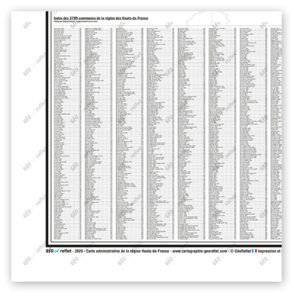 Extrait cartographique de la carte administrative de la Région Hauts-de-France 120x120cm, extrait centré sur l'index des communes