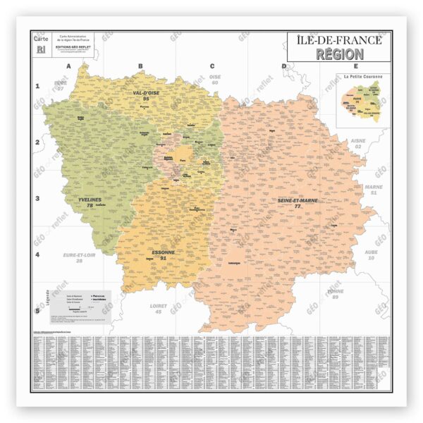 Région Ile-de-France - Carte administrative vintage - Poster plastifié Grand Format