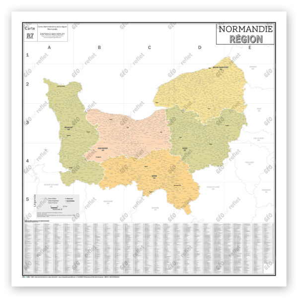 Région Normandie - Carte administrative vintage - Poster plastifié Grand Format 120x120cm