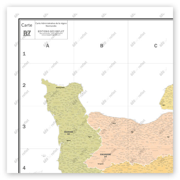 Extrait cartographique de la carte administrative de la Région Normandie 120x120cm, extrait centré sur les départements du Calvados et de la Manche