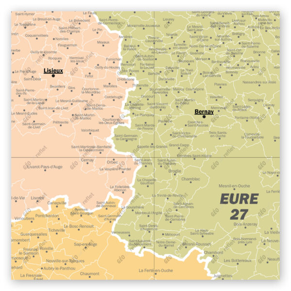 Extrait cartographique de la carte administrative de la Région Normandie 120x120cm, extrait centré sur le département de l’Eure