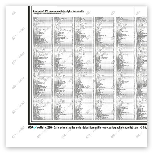 Extrait cartographique de la carte administrative de la Région Normandie 120x120cm, extrait centré sur l'index des communes