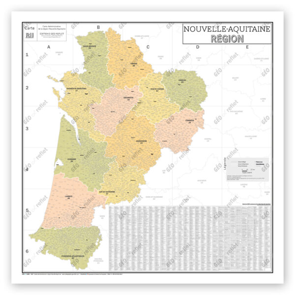 Région Nouvelle-Aquitaine - Carte administrative vintage - Poster plastifié Grand Format 120x120cm