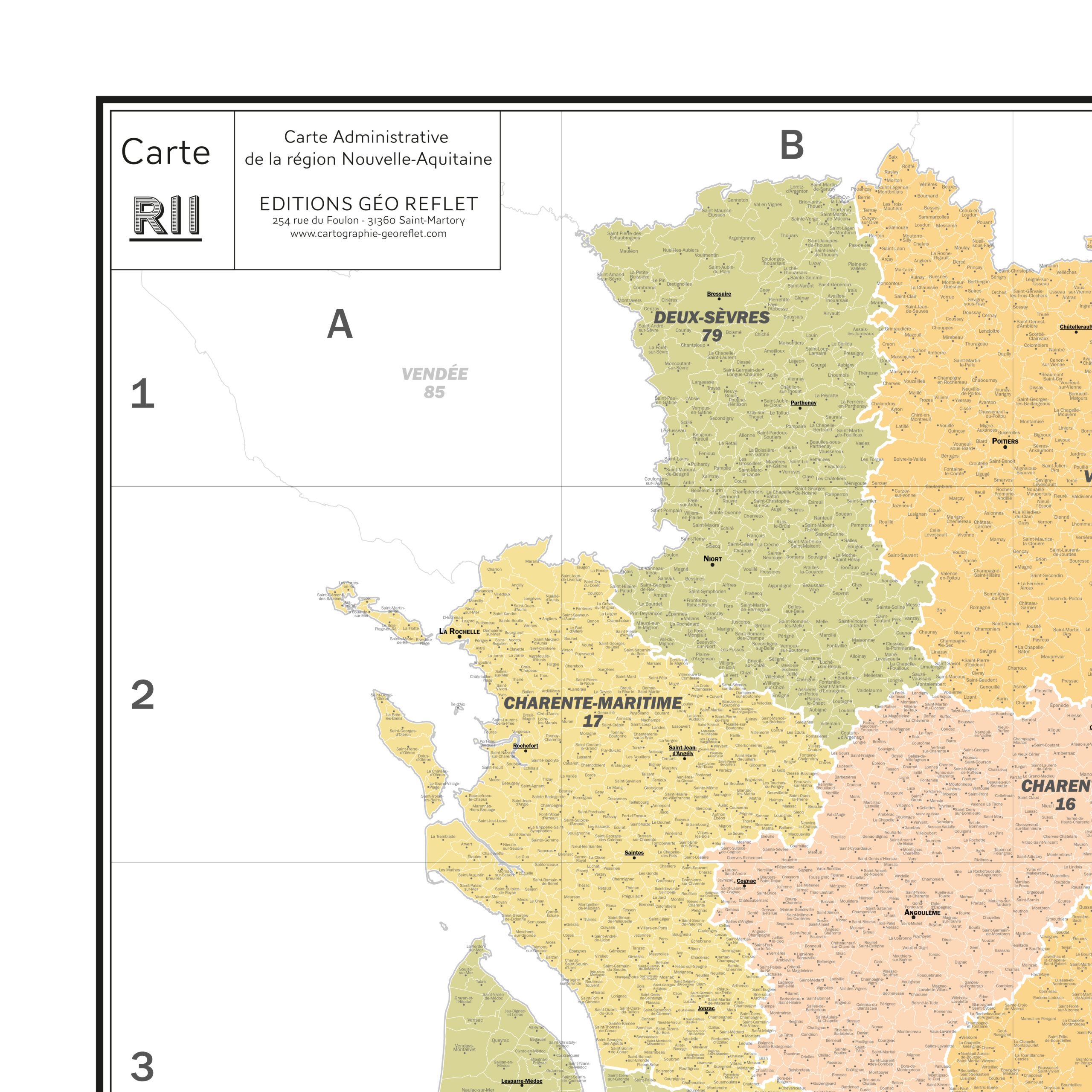 Extrait cartographique de la carte administrative de la Région Nouvelle-Aquitaine 120x120cm, extrait centré sur le département de la Charente-Maritime