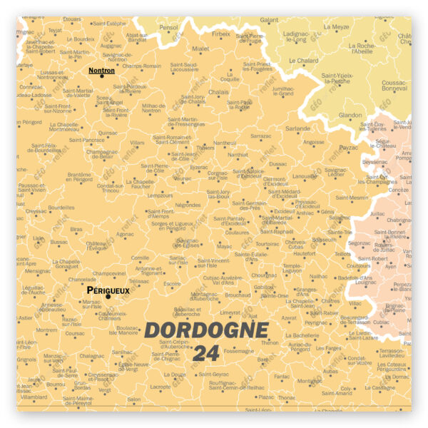 Extrait cartographique de la carte administrative de la Région Nouvelle-Aquitaine 120x120cm, extrait centré sur le département de la Dordogne