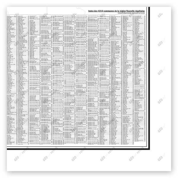 Extrait cartographique de la carte administrative de la Région Nouvelle-Aquitaine 120x120cm, extrait centré sur l'index des communes