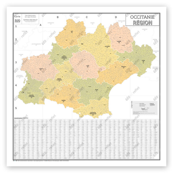 Région Occitanie - Carte administrative vintage - Poster plastifié Grand Format 120x120cm