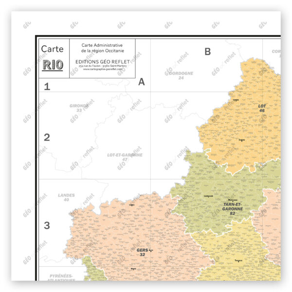 Extrait cartographique de la carte administrative de la Région Occitanie 120x120cm, extrait centré sur le département du Gers