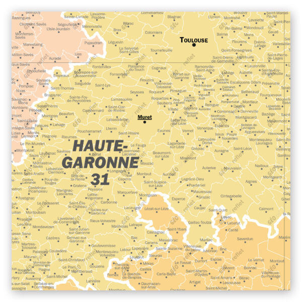 Extrait cartographique de la carte administrative de la Région Occitanie 120x120cm, extrait centré sur le département de la Haute-Garonne