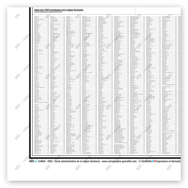 Extrait cartographique de la carte administrative de la Région Occitanie 120x120cm, extrait centré sur l'index des communes