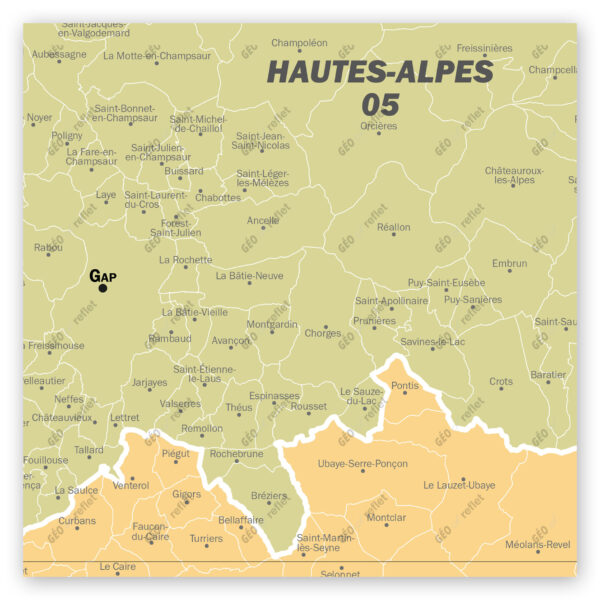 Extrait cartographique de la carte administrative de la Région Provence-Alpes-Côte d'Azur 120x120cm, extrait centré sur le département des Hautes-Alpes