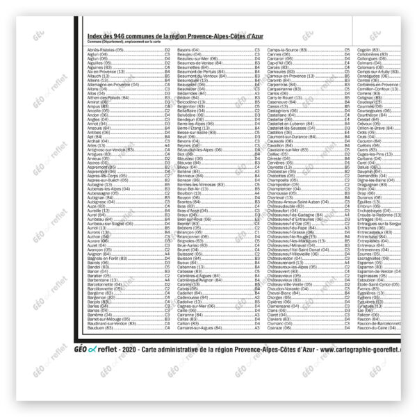 Extrait cartographique de la carte administrative de la Région Provence-Alpes-Côte d'Azur 120x120cm, extrait centré sur l'index des communes
